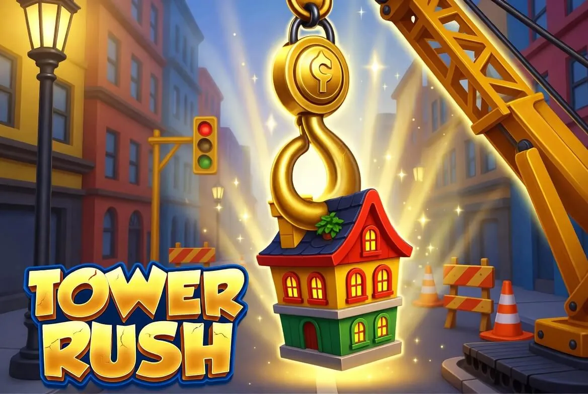 Tower Rush tower mid-climb with several floors and a live multiplier