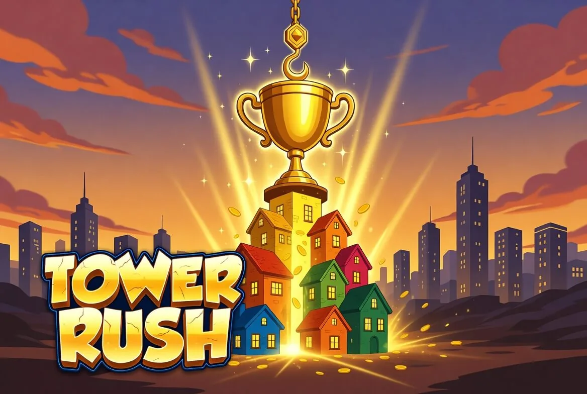 Tower Rush tall tower with a high multiplier moments before cash-out